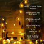 Metaku Globe String Lights Battery Operated Fairy Light 26ft 60LED & Remote