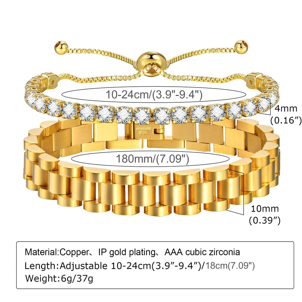 MPRAINBOW 2pcs 18K Gold Plated Chain Link Bracelet, Stainless Steel Crystal Friendship Bracelets Bangle,Watch Band Chains Wristband Jewelry with Adjust Tool