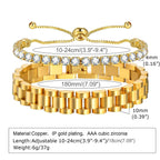 MPRAINBOW 2pcs 18K Gold Plated Chain Link Bracelet, Stainless Steel Crystal Friendship Bracelets Bangle,Watch Band Chains Wristband Jewelry with Adjust Tool
