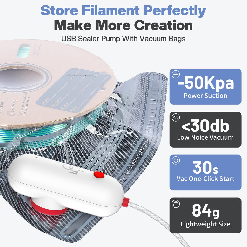 Vacbird 30pcs Filament Storage Bags Light-Proof Vacuum Storage Kit with USB Pump, 3D Printer Filament Vacuum Sealed Bags for Keeping Dry, Plus Size 32X34cm