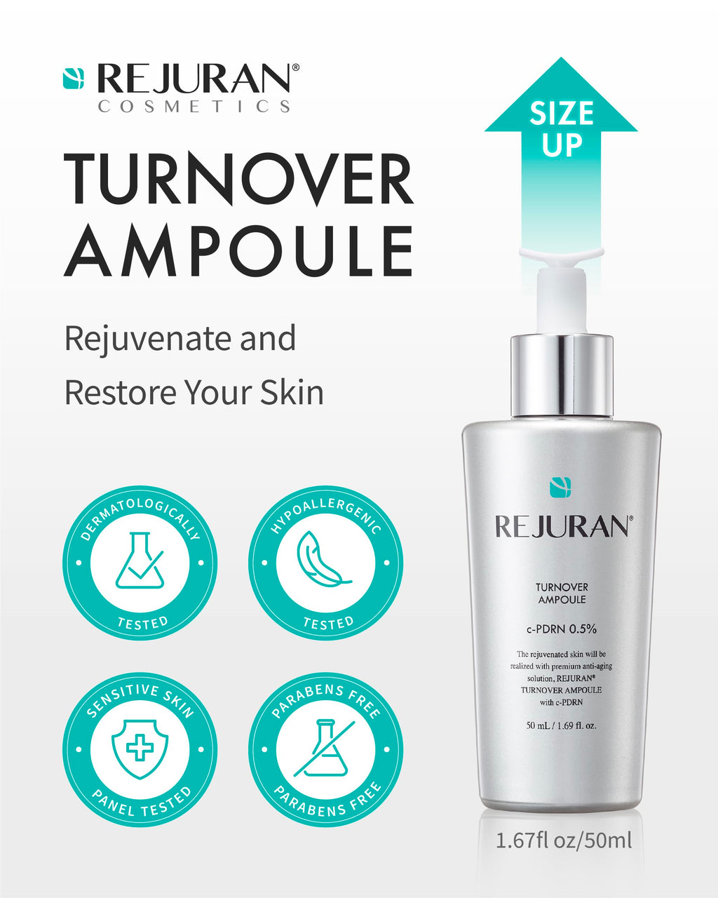 REJURAN® Turnover Ampoule, c-PDRN® [Larger Size] - Original Salmon DNA PDRN Face Serum for Rejuvenation, Firming, Hydration & Youthful Glow, Smooths Skin Texture. Korean Skincare (1.69 fl oz)