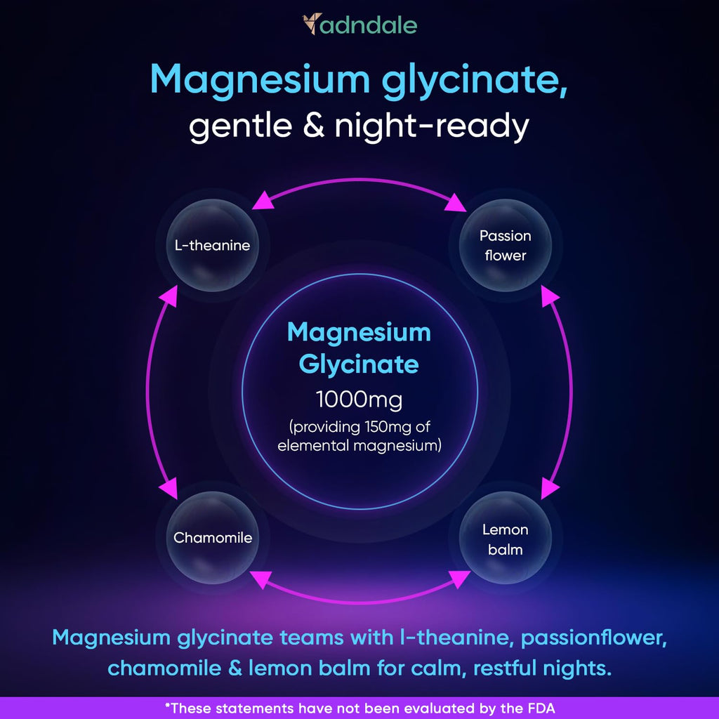 Adndale Magnesium Glycinate 400 mg Gummies with Ashwagandha, Magnesium Malate & Taurate, Tart Cherry, Magnolia Bark, Lemon Balm, Passionflower, Chamomile, L-Theanine, Zinc, Vitamin K2 & D3. 180CT