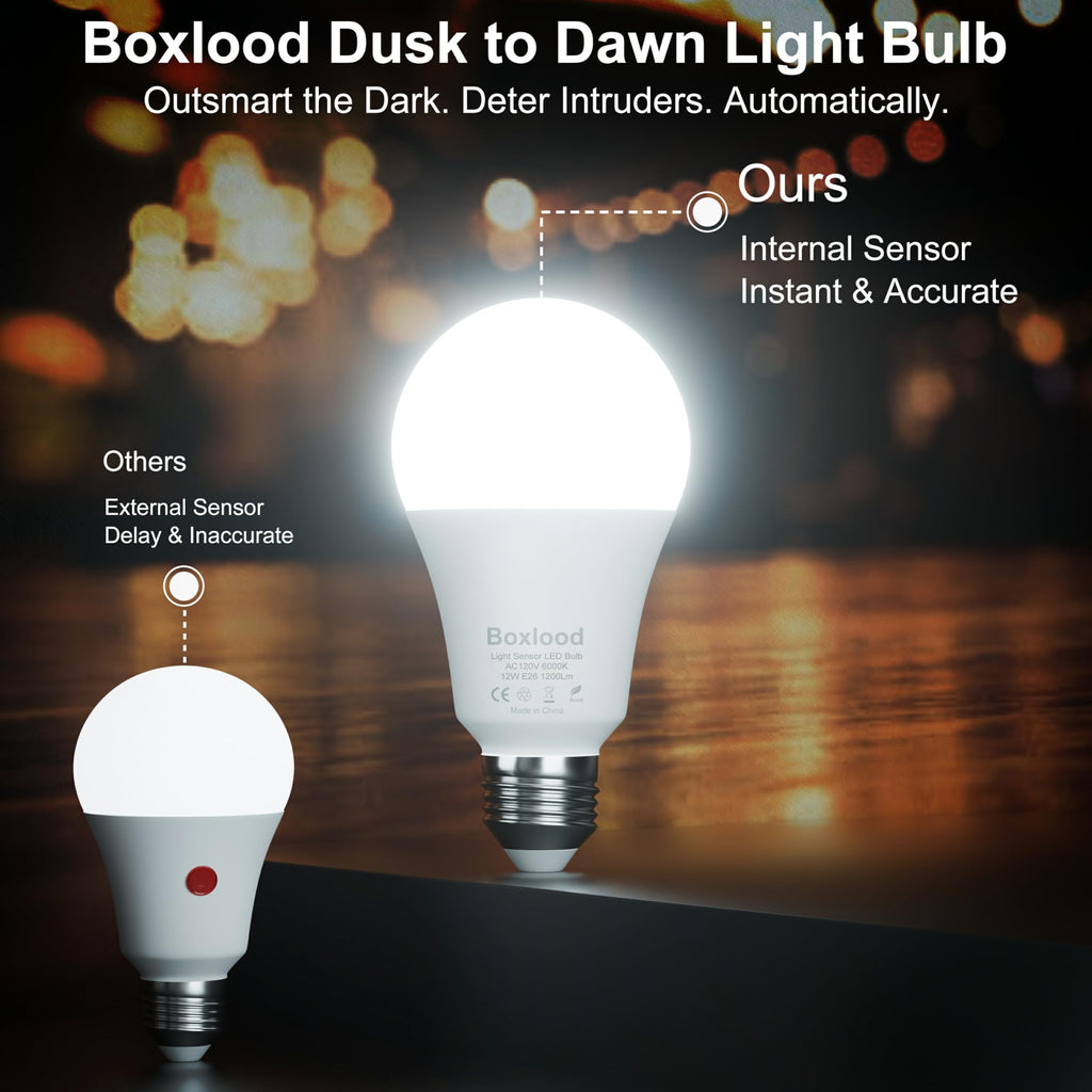 Boxlood Dusk to Dawn LED Outdoor Light Bulb, 12W Supper Bright A19 Dusk to Dawn Light Bulbs, Auto on/Off Photocell Automatic for Indoor Outdoor, 6000K, 6 Pack