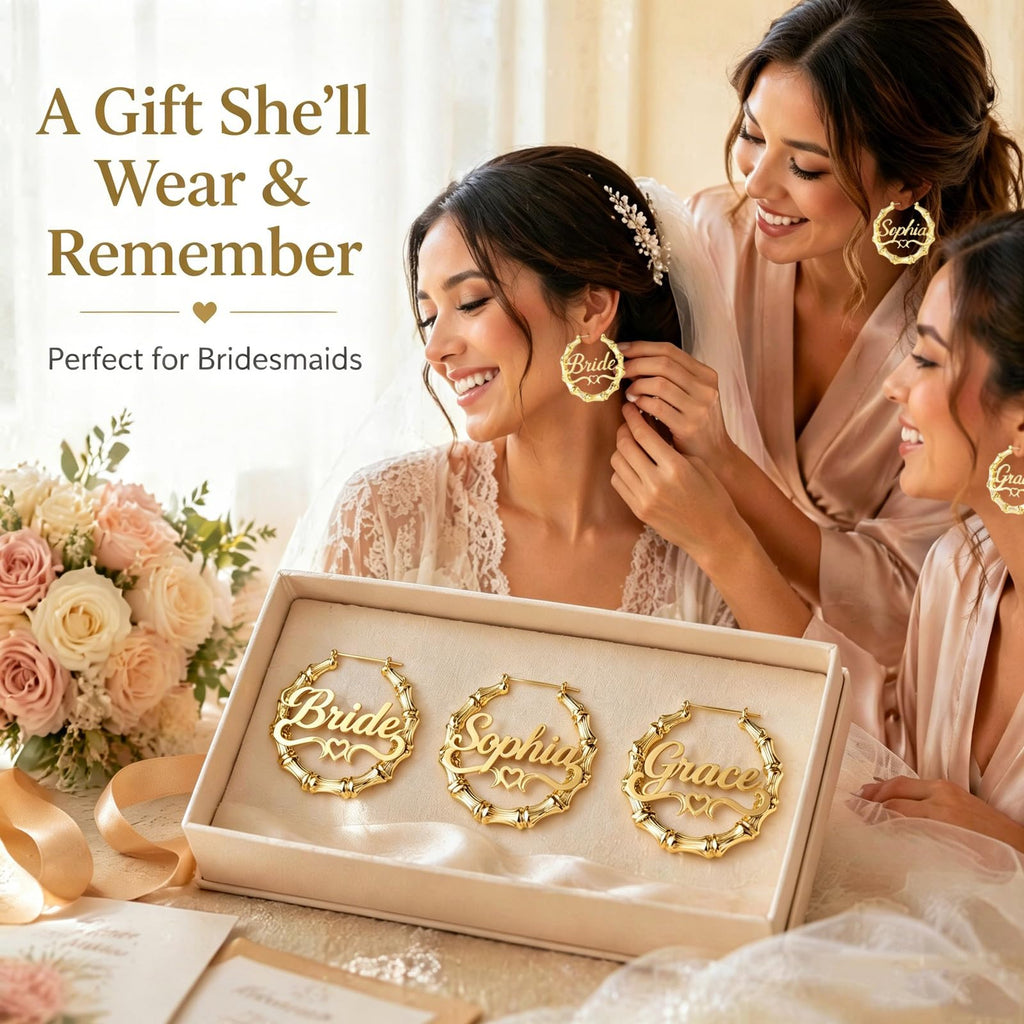 Handmade Bamboo Hoop Earrings for Women Gold Personalized Name Earrings Custom Engraved Stainless Steel Hypoallergenic Birthday Christmas Gift for Mom Grandma (Earring-hoop)