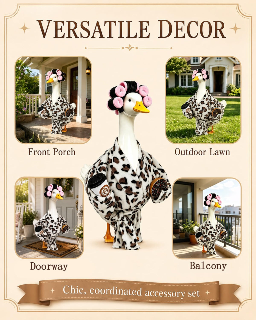 GSPIM Leopard Print Robe Porch Goose Outfits for 23" Goose Statue Funny Retro Home Patio Decor with Hair Curlers Bath Robe Waist Belt Coffee Cup Donut (Leopard Print Bathrobe)