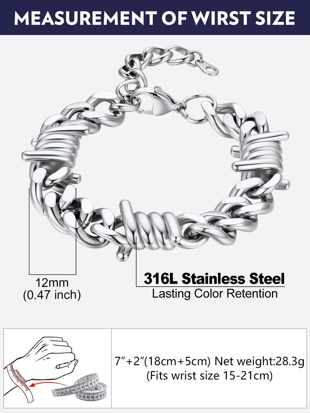 Bandmax 12MM Chunky Cuban Chain Bracelet for Men Stainless Steel Punk Emo Style Barbed Wire Bracelets Thorn Wristlet Adjustable Gift for Son Grandson Husband