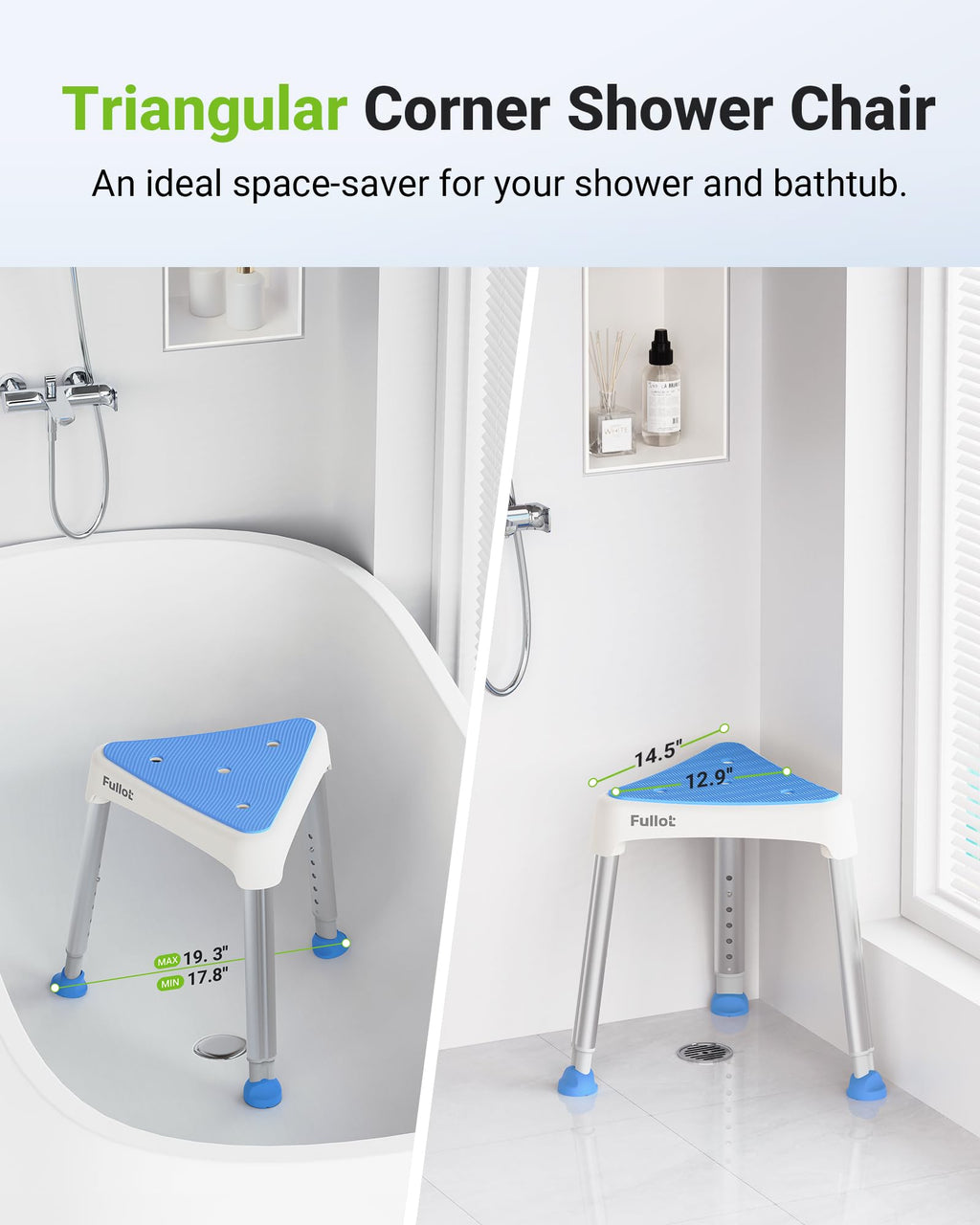 Space-Saving Triangular Shower Chair for Elderly and Disabled, 400 lbs Adjustable Shower Stool Seat with Stable-Bracing, Non-Slip Bathtub Chair, Tool-Free Assembly, Blue With Eva Pad