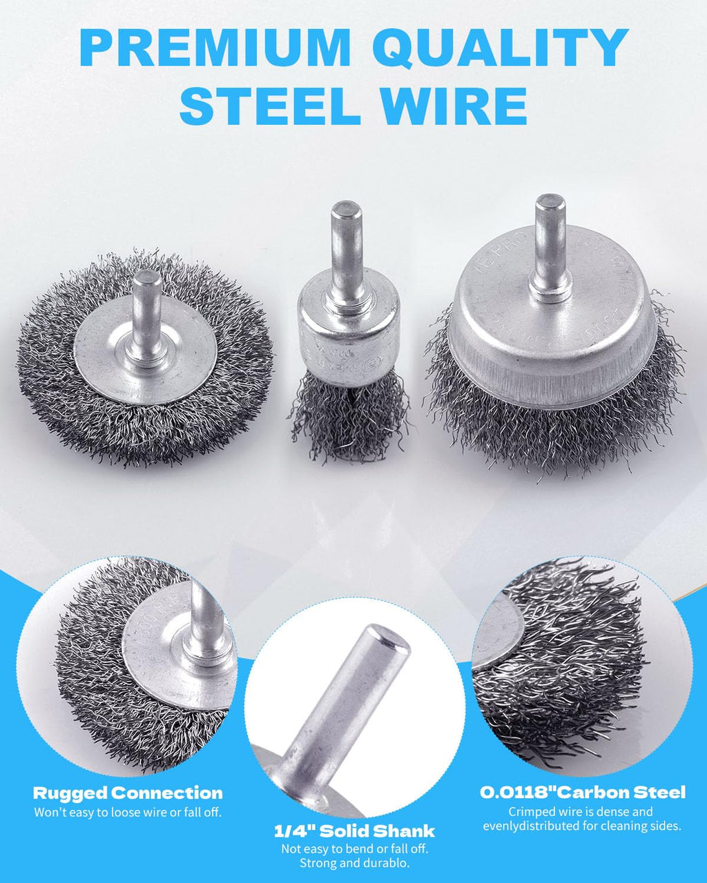 Rocaris 21-Pack Carbon Steel Wire Wheel, Cup, Pen Brush Set with 1/4-Inch Round Shank for Rust Removal, Corrosion and Scrub Surfaces