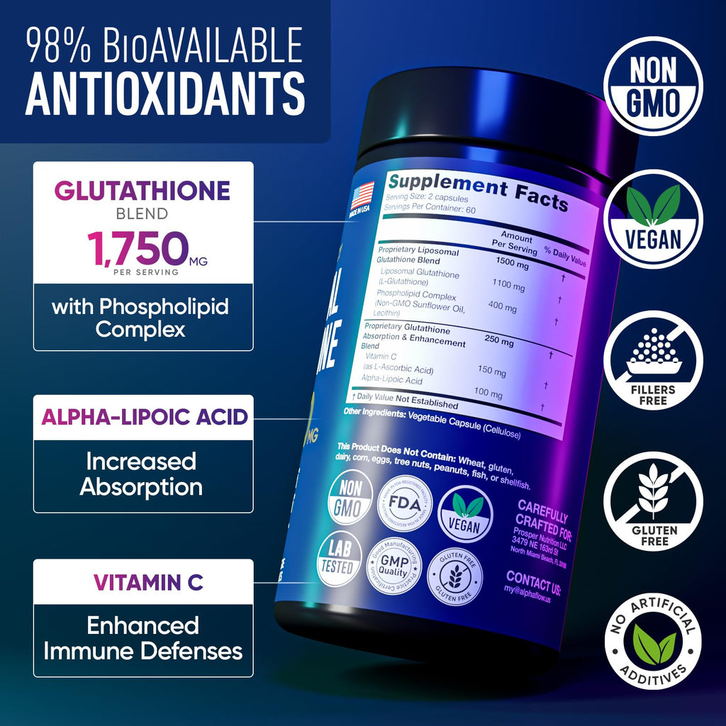 Alpha Flow (2 Pack) Liposomal Glutathione 1100mg – High Absorption Glutathione Supplement with Vitamin C, ALA & Phospholipid Complex – Liver Function, Skin & Immune Support – 240 Vegan Capsules