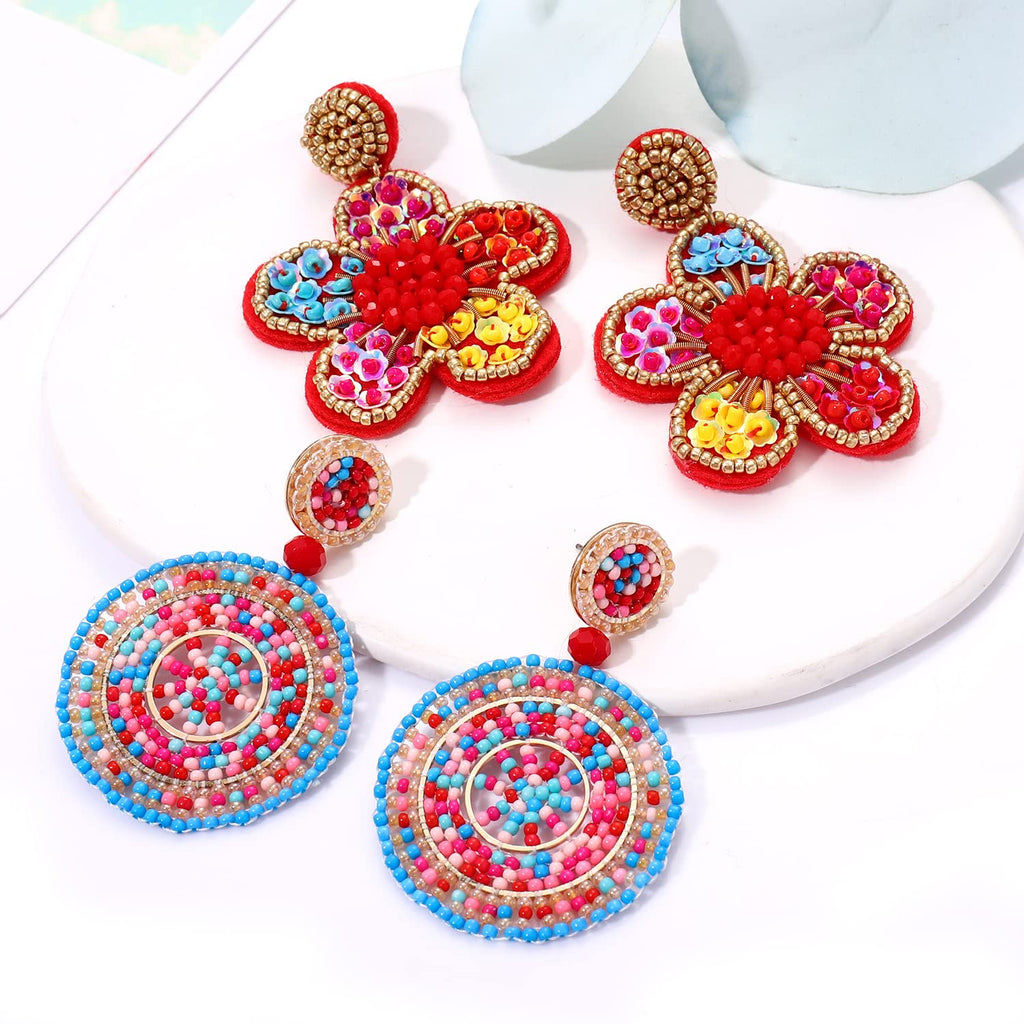 4 Pairs Beaded Earrings for Women Boho Geometric Beaded Dangle Earrings Statement Pineapple Flower Drop Earrings Colorful Summer Earrings Set Jewelry Gift (Style C)