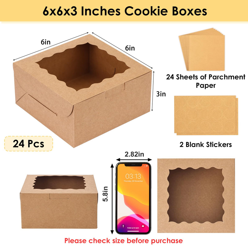 Moretoes 24pcs Cookie Boxes with Window, 6x6x3 In Brown Bakery Boxes