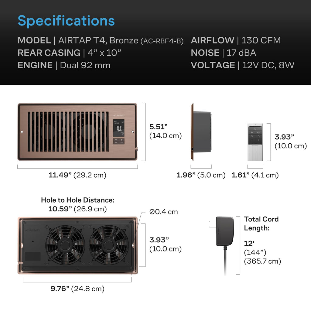 AC Infinity AIRTAP T4 Bronze, Register Booster Fan for 4” x 10” Vents, Thermostat Control Improves Heating & Cooling, Quiet 10-Speed Remote Control & Bluetooth App. ONLY FITS 4” x 10” Duct Openings