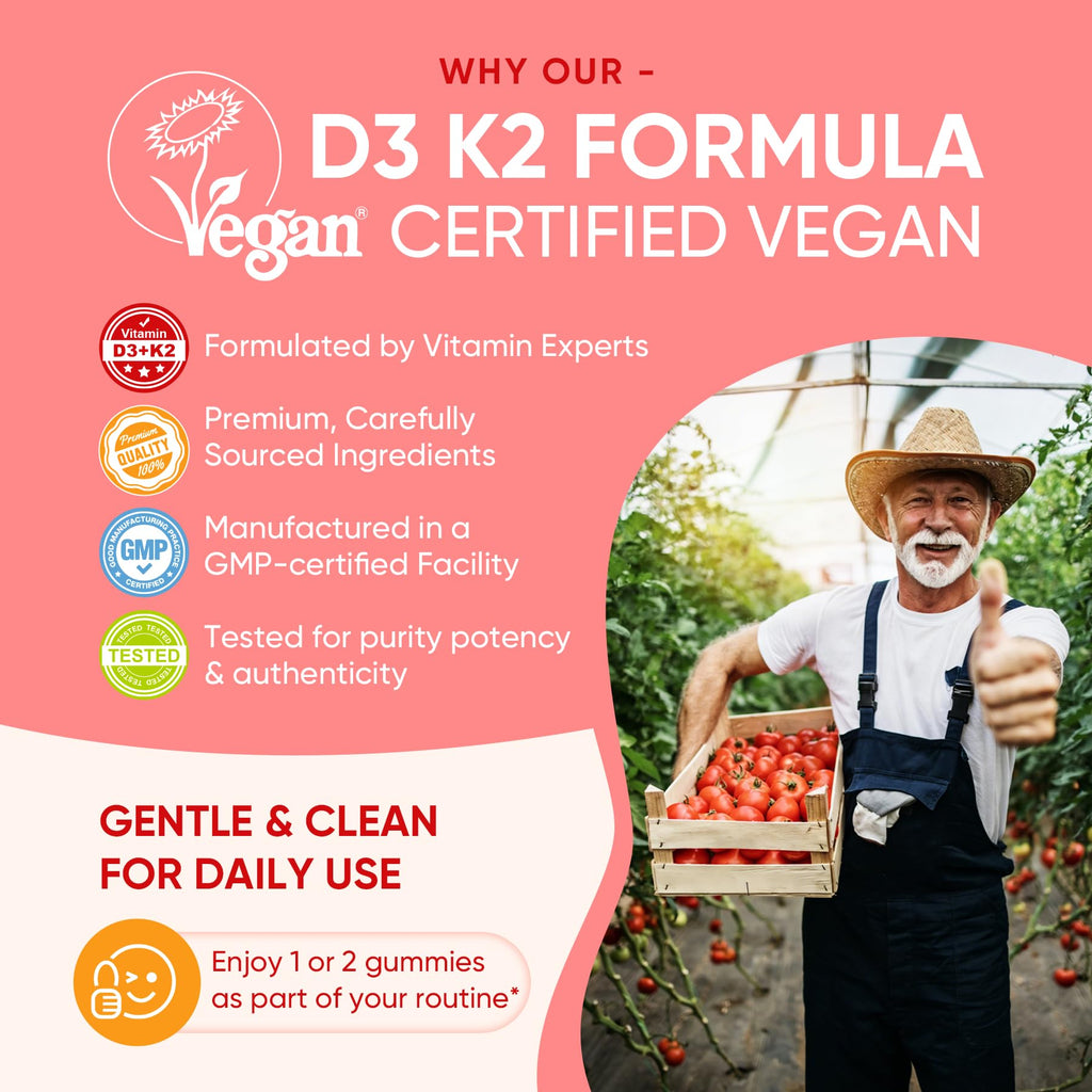 Vitamin D3 K2 Gummies 5000IU / 10,000 IU with 500mg Calcium + K2(MK-7) 200mcg, Magnesium, Vitamin C & Zinc, Extra Strength - Ultimate Absorbency for Bones, Muscles, Teeth, Vegan, 60 Count (Pack of 1)