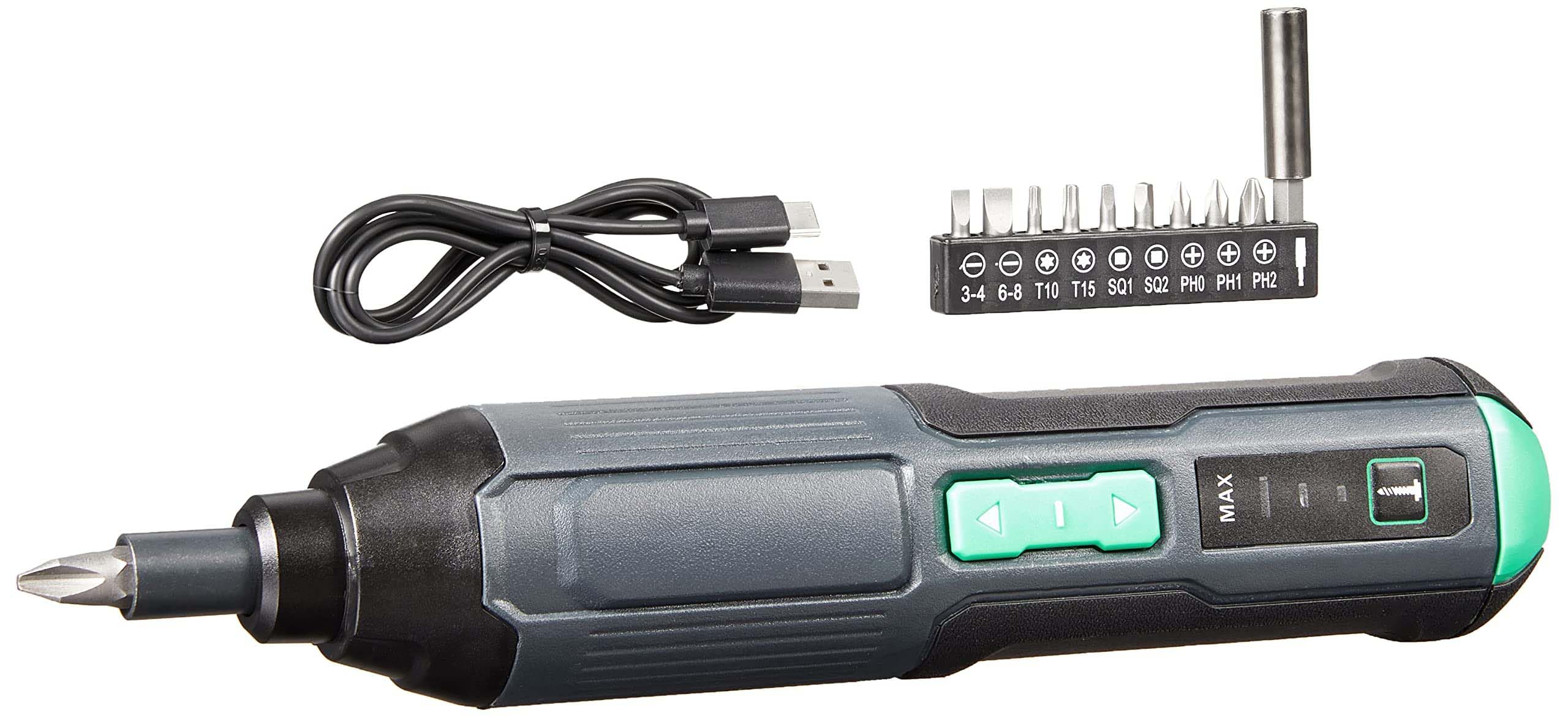 Amazon Basics by SKIL 4V Cordless Stick Screwdriver with 10-Piece Bit Set, USB Cable, LED Light, 3 Torque Settings
