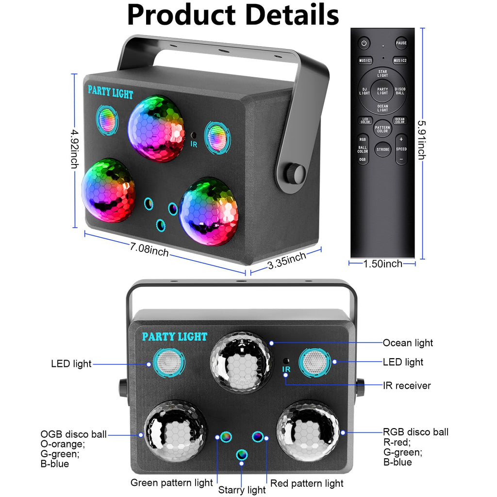 Party Lights,Disco DJ Strobe Light Rave Stage Projector Effect Dance Club Light Sound Activated with Remote Control for Parties Home Show KTV Pub Dance Christmas