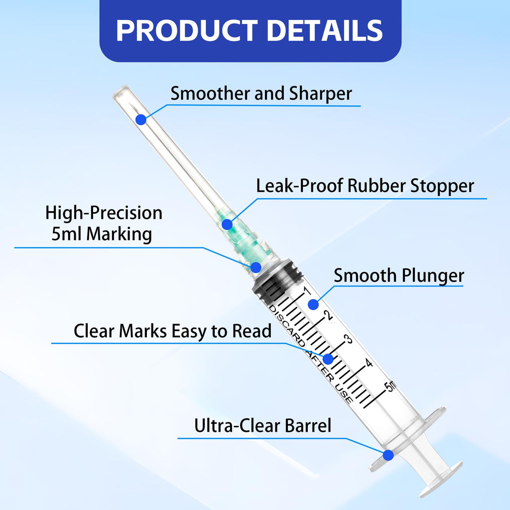 5ml Syringe with 21 Gauge 1.5 Inch for Scientific Lab Industrial Dispensing or Measuring,100pack
