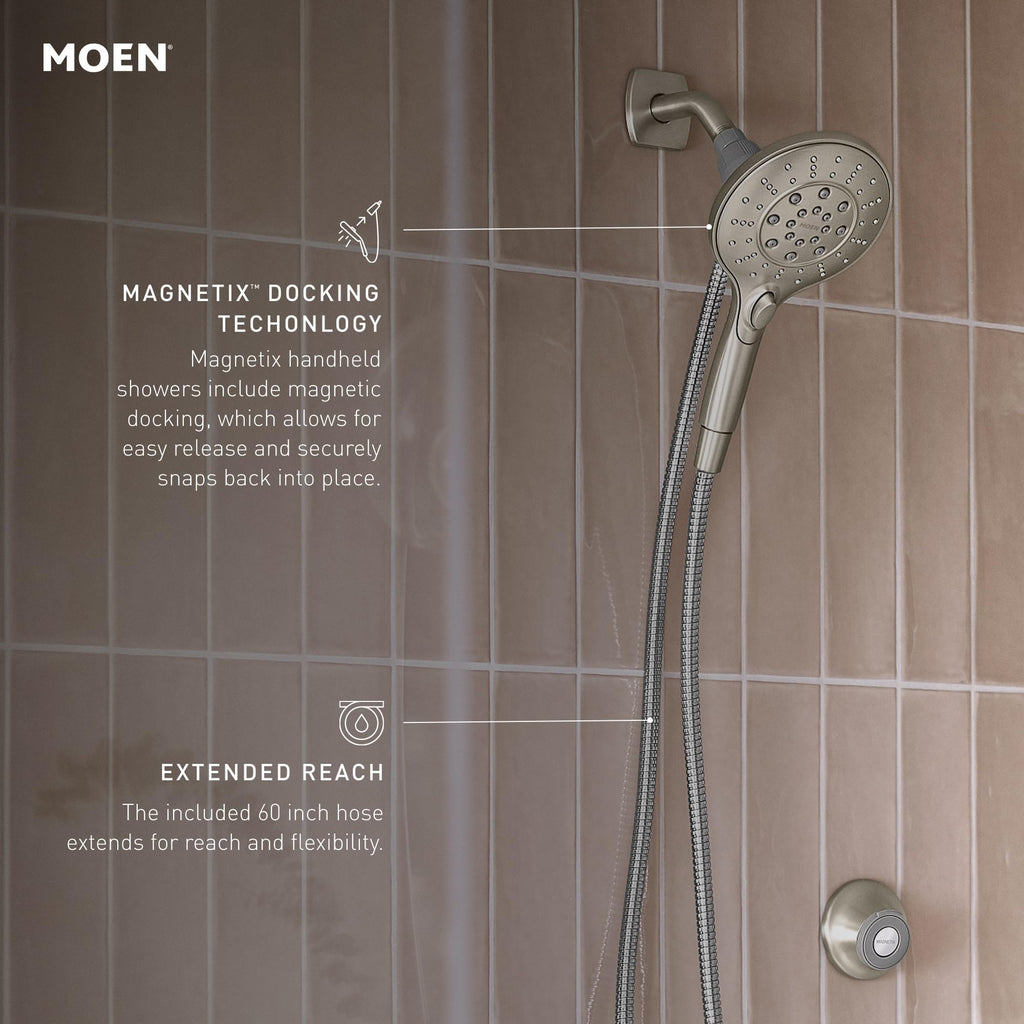 Moen Engage Chrome Magnetix Six-Function 5.5-Inch Wide Handheld Shower Head with Hose and Magnetic Docking System, 26112