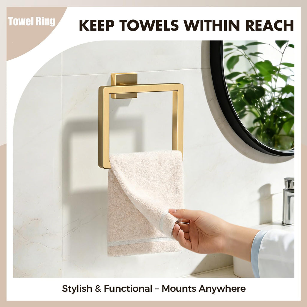 Bathroom Accessory Towel Bar Set: 15 Pieces Gold Bathroom Hardware Square SUS304 Stainless Steel - Wall Mounted Towel Rack&Toilet Paper Holder&Towel Ring and Towel Hook