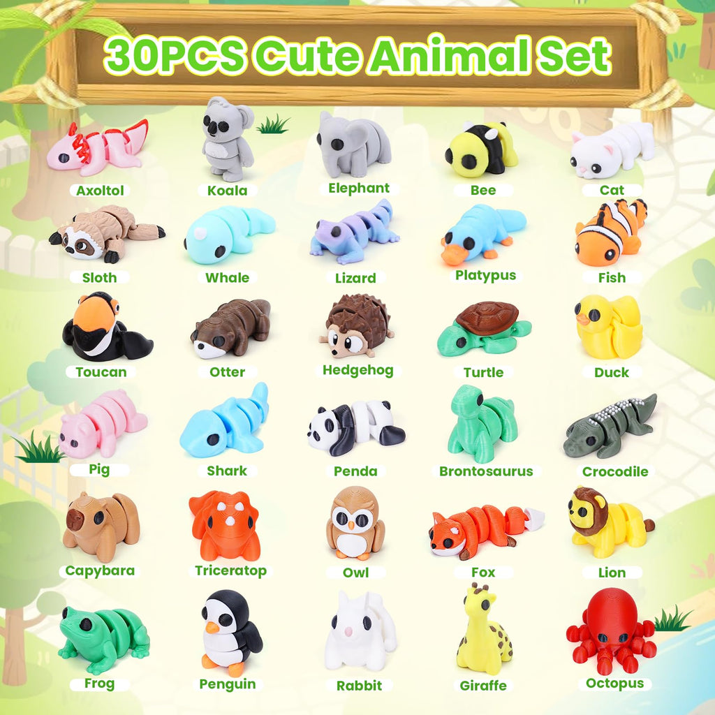 Gencokok 30PCS 3D Printed Animals Set, 1.96In Mini 3D Printed Animals, Animal Figurines Exquisite Cute Pocket Pets Toy, Cute Articulated Flexible Fidget Toy for Desk Decoration, Party Favors