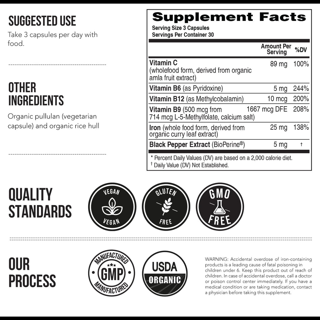 Organic Iron Supplement | Whole Food Mineral & Cofactors, 25 mg Elemental | Enhanced Absorption Plus Blood Health Vitamins – Gentle Form – Supports Healthy Levels & Blood Health – 90 Capsules