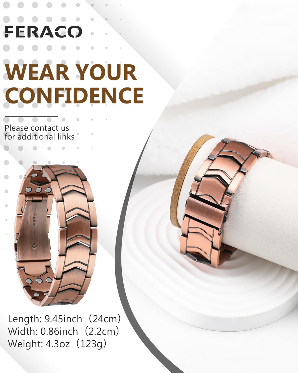 Feraco 3X Strength Copper Magnetic Bracelet for Men - 99.99% Pure Copper with 3800 Gauss Magnets