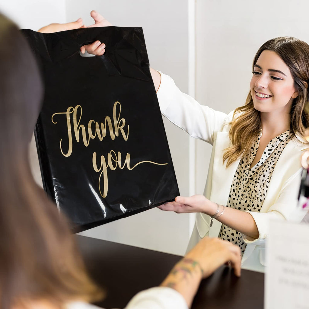 Jutieuo 100 Pack Black Thank You Shopping Bags for Small Business - 12"x15" Extra Thick 2.36 Mil Plastic Retail Thank You Bags with Handles for Stores, Boutique, Clothes, Business Gift