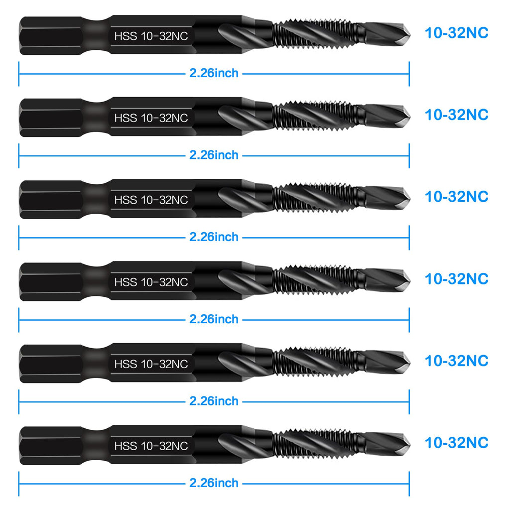 6-Piece 10-32NC Combination Drill Tap Countersink Bit Set SAE, Made of High-Speed Steel with Anti-Rust Blackened Coating, Ideal for Soft Metal, Wood & Plastic, 10-32NC Thread Size, 1/4” Hex Shank