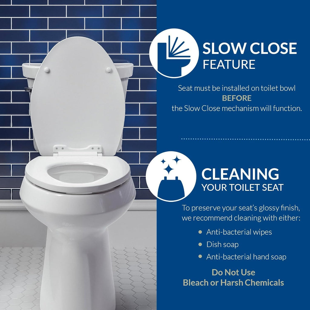 Mayfair Bennett Toilet Seat with Brushed Nickel Hinges, Slow Close Wood Seat, Secure Metal Hinges, Easy Install, Elongated, White