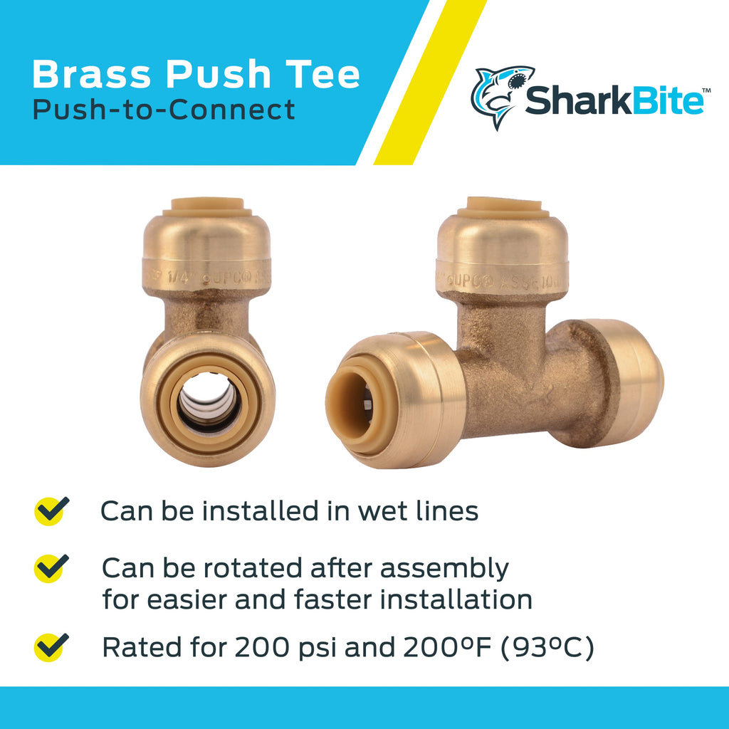 SharkBite 1/4 Inch (3/8 Inch OD) Tee, Pack of 6, Push to Connect Brass Plumbing Fitting, PEX Pipe, Copper, CPVC, PE-RT, HDPE, U358LF