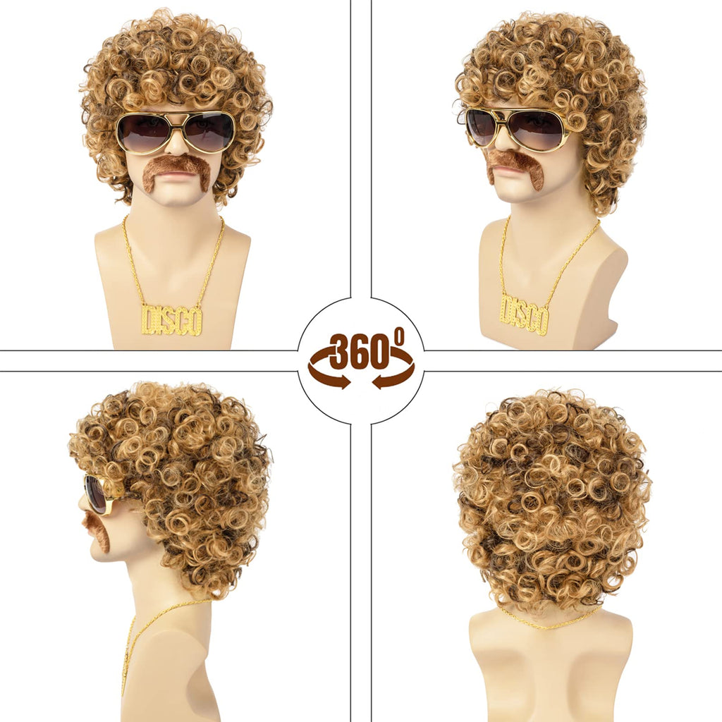 TUOFLY Disco Wig 5Pcs Set (Wig+ Glasses+ Necklace+ Mustache+ Wig Cap) 70'S Costumes Wig Afro Wig Men Short Curly Natural Fluffy Synthetic hair Wig for Halloween Disco Party