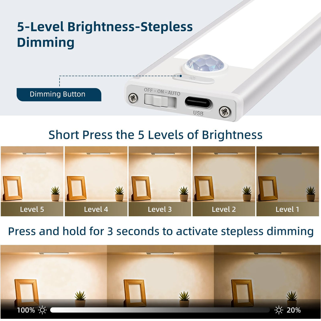 16inch Under Cabinet Lighting, 4 Pack Rechargeable Motion Sensor Light Indoor, Wireless Dimmable Magnetic Closet Lights, 68 LED Under Counter Lights for Kitchen, Wardrobe, Stairs, Warm Light