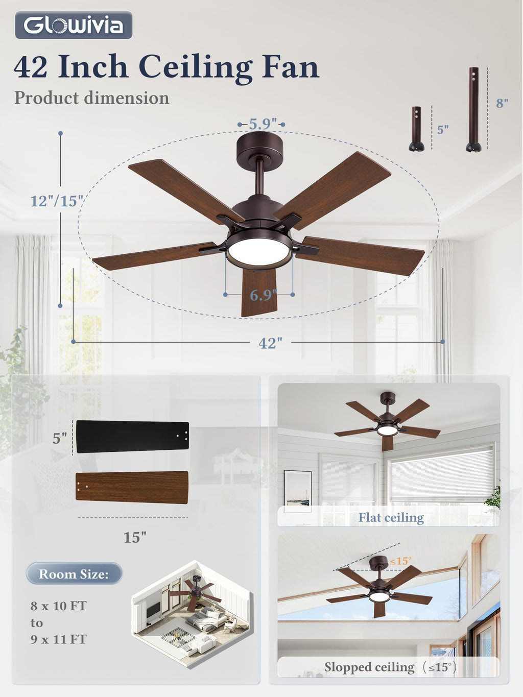 Glowivia 42 Inch Ceiling Fan with Lights and Remote, Smart APP Control, Dimmable with All-Setting Memory, Quiet DC Motor Reversible Blades, Damp Rated Modern Ceiling Fan for Bedroom Patio Living Room