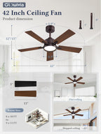 Glowivia 42 Inch Ceiling Fan with Lights and Remote, Smart APP Control, Dimmable with All-Setting Memory, Quiet DC Motor Reversible Blades, Damp Rated Modern Ceiling Fan for Bedroom Patio Living Room