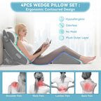 Kingfun 4PCS Orthopedic Bed Wedge Pillow Set for Sleeping, Post Surgery Memory Foam Support Pillows for Back, Neck and Leg Pain Relief, Adjustable Triangle Pillow - Acid Reflux, Anti Snoring & GERD