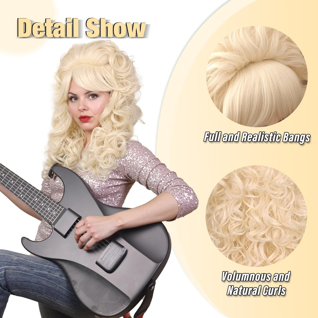FantaLook Blonde Long Curly Wig with Bangs, Vintage Costume Wig for Women
