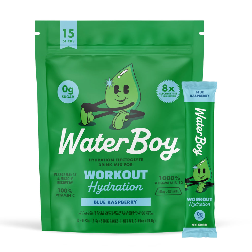 Waterboy Workout Hydration | 2,960mg Sugar Free Electrolyte Powder Packets | L-Glutamine + Vitamins | No Sugar, All Natural, Gluten Free | 15 Drink Stick Mixes (Blue Raspberry)