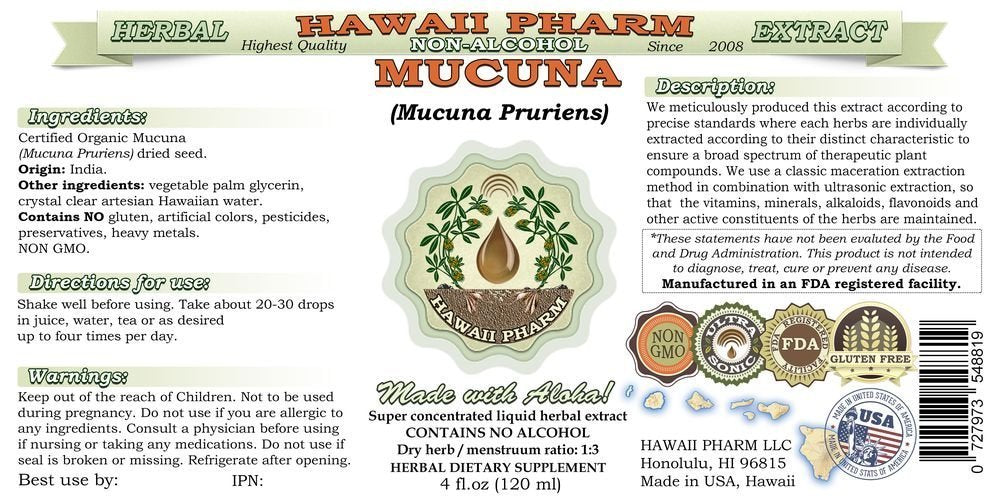 Hawaii Pharm Mucuna Alcohol-Free Liquid Extract, Professional Grade, Small Batch Crafted Mucuna (Mucuna Pruriens) Dried Seed Glycerite Natural Herbal Supplement, 2x32 oz