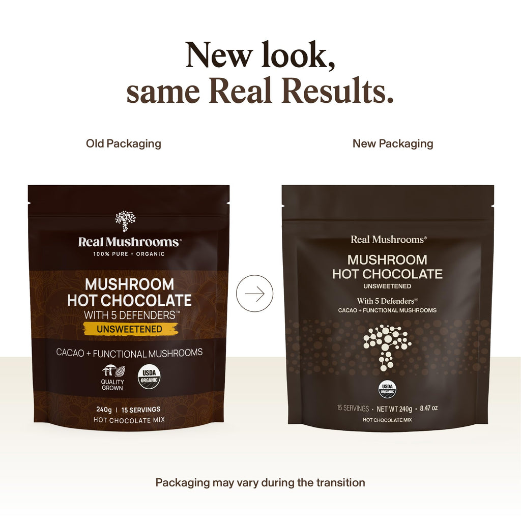 Real Mushrooms Unsweetened Hot Chocolate Mix with 5 Defenders – Reishi, Chaga, Turkey Tail, Maitake, Shiitake – Coco Powdered Unsweetened – Organic Cacao Powder Supplement, Vegan, 15 Servings