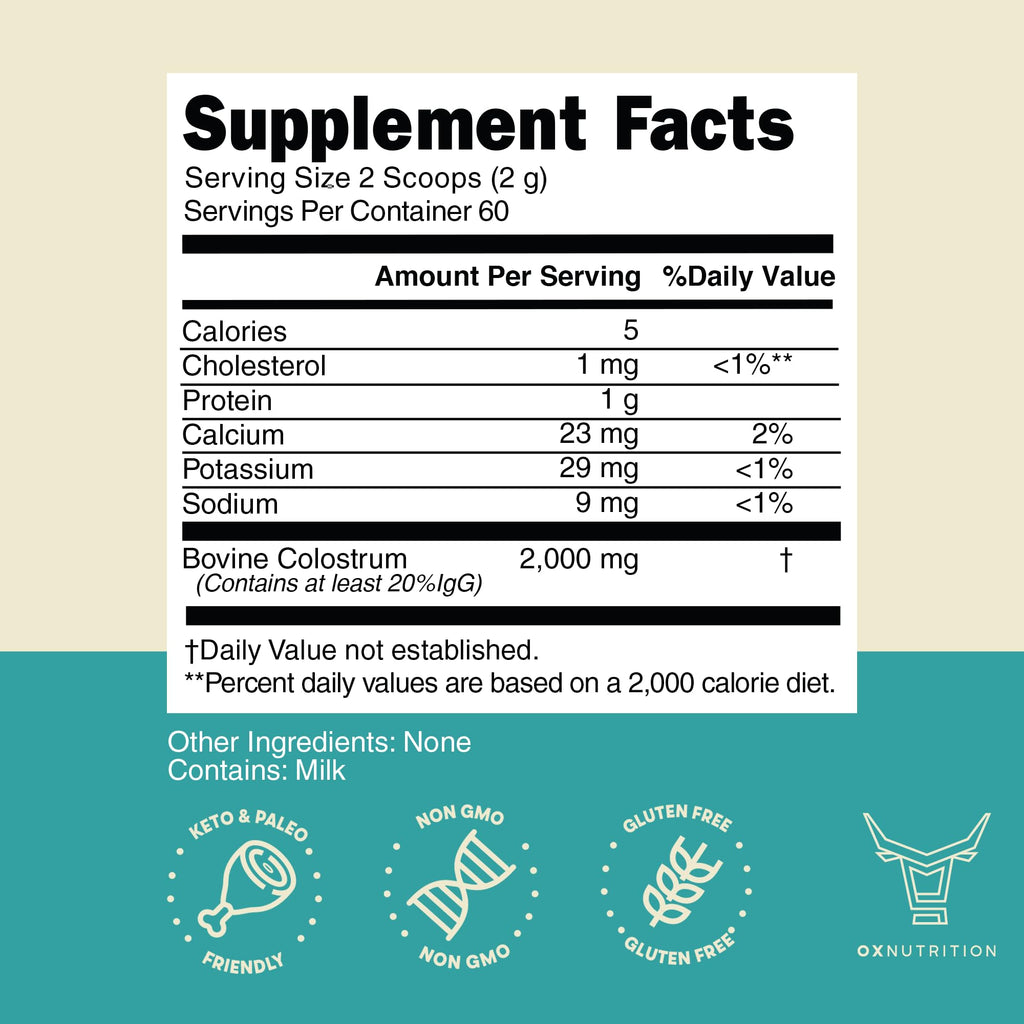 OXNUTRITION Colostrum Powder for Gut Health, Immune Support, Muscle Recovery, Hair & Beauty | Pure Gress Fed Bovine Colostrum for Humans, Natural IgG, Unflavored, 60 Servings