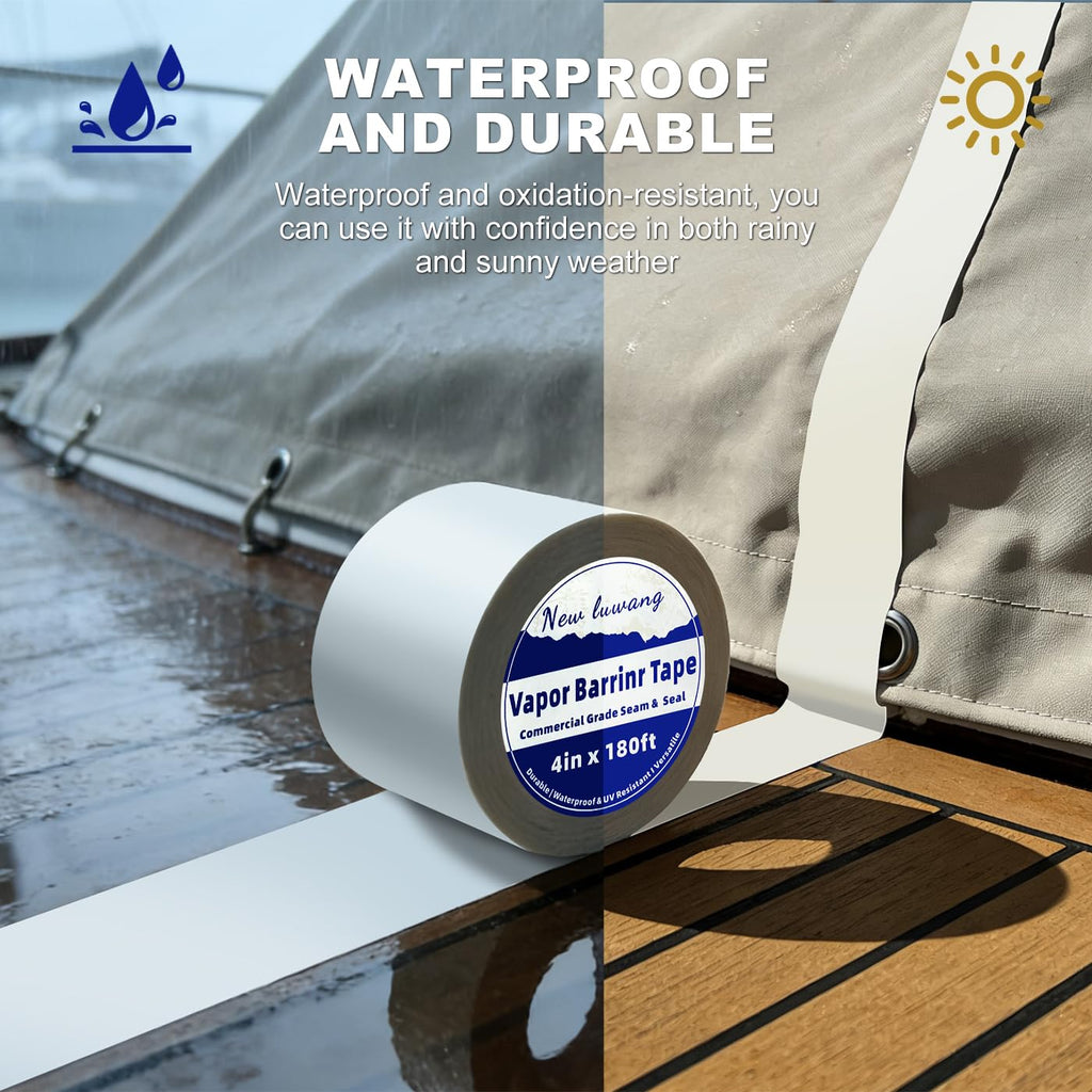 New luwang Vapor Barrier Tape,4 Inch x 180' Roll,Crawl Space Vapor Barrier, White Polyethylene Moisture Barrier Tape, Waterproof Seal & Seam Tape for Underlayment, Insulation & Plastic Liners(1Roll)