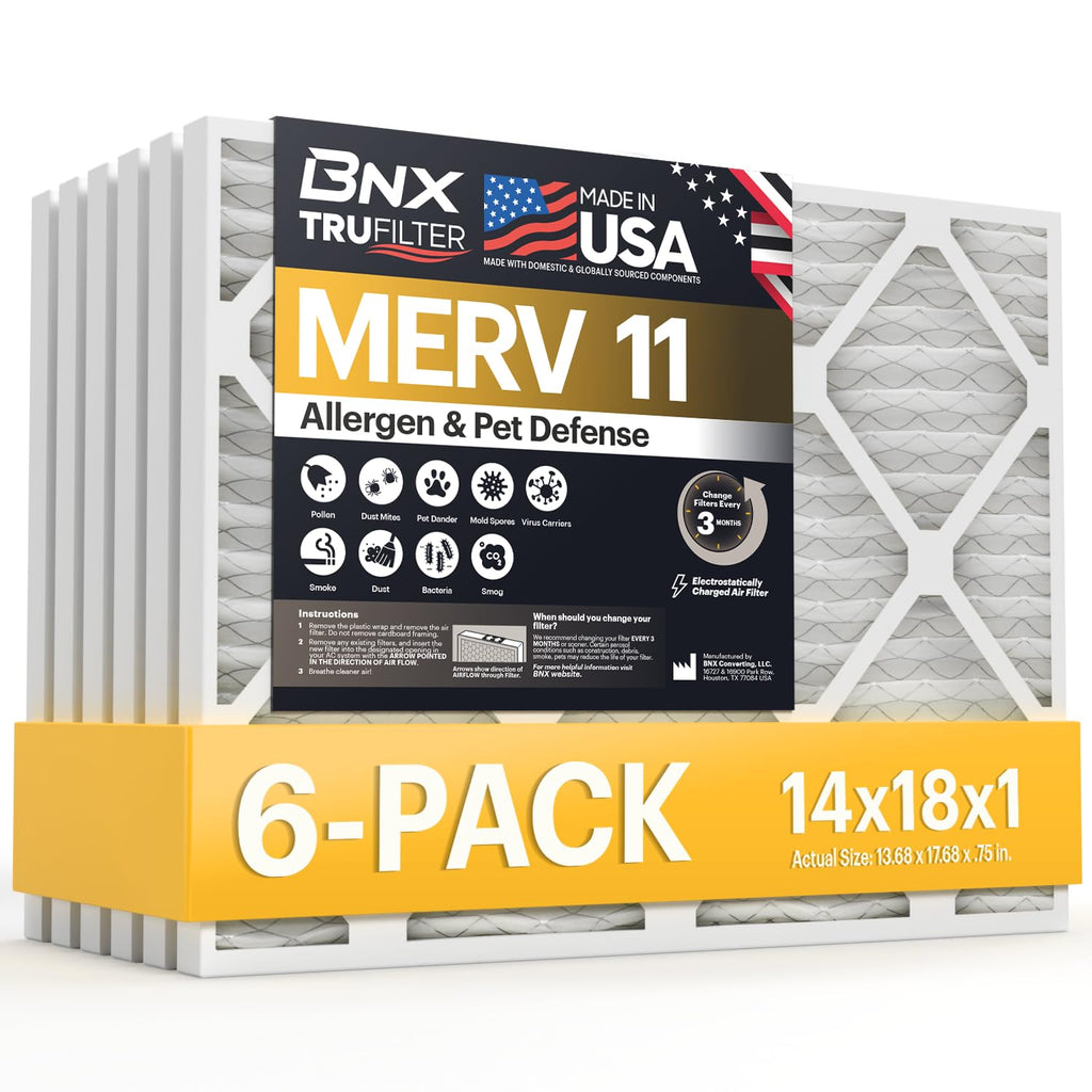BNX TruFilter 14x18x1 Air Filter MERV 11 (6-Pack) - MADE IN USA - Allergen Defense Electrostatic Pleated Air Conditioner HVAC AC Furnace Filters for Allergies, Dust, Pet, Smoke, Allergy MPR 1200 FPR 7