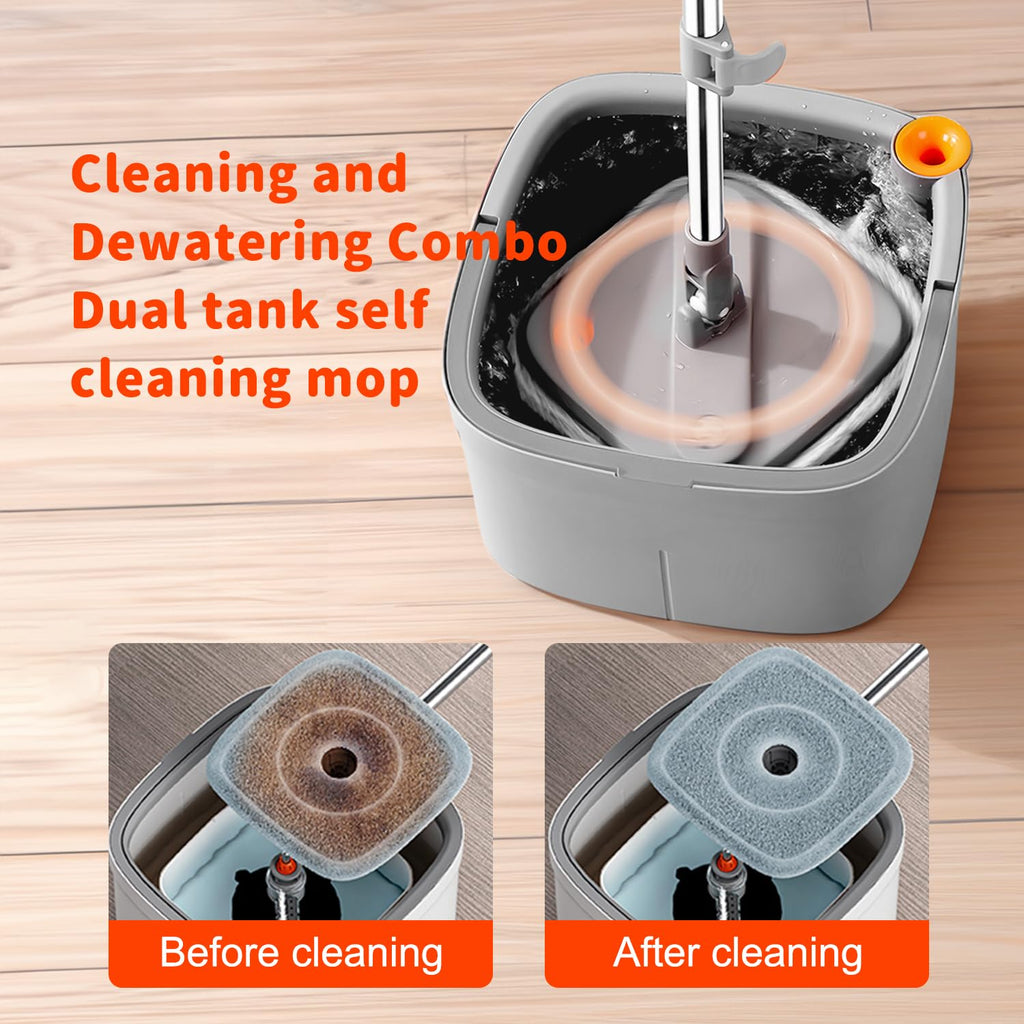 KZKR Spin Square mop and Bucket System with Wringer Set for Home with 2 Mop Pads (Grey,White)