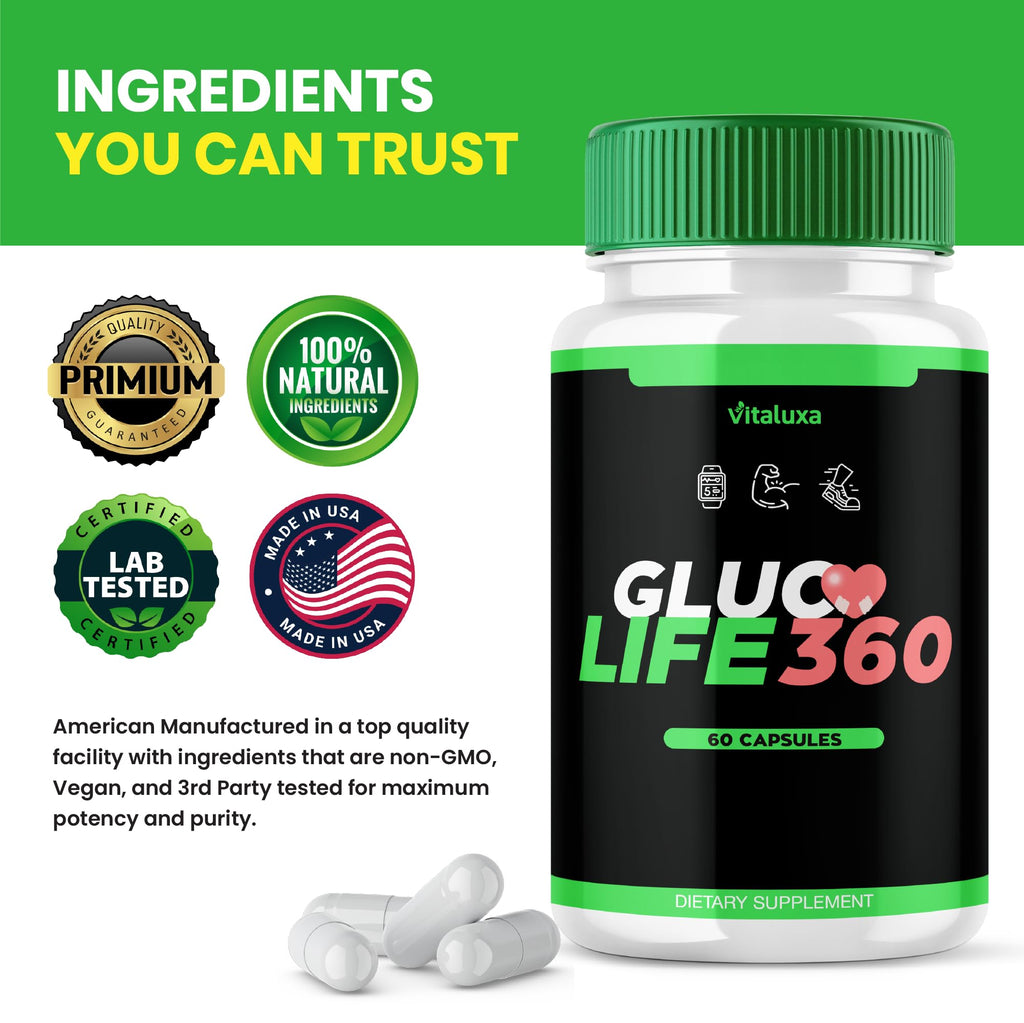 Gluco Life 360 Capsules, GlucoLife 360 Supplement with Advanced Maximum Strength, Premium Health Formula Pills for Overall Health & Wellness, GlucoLife360 Vitamins Reviews, Made in USA (60 Capsules)