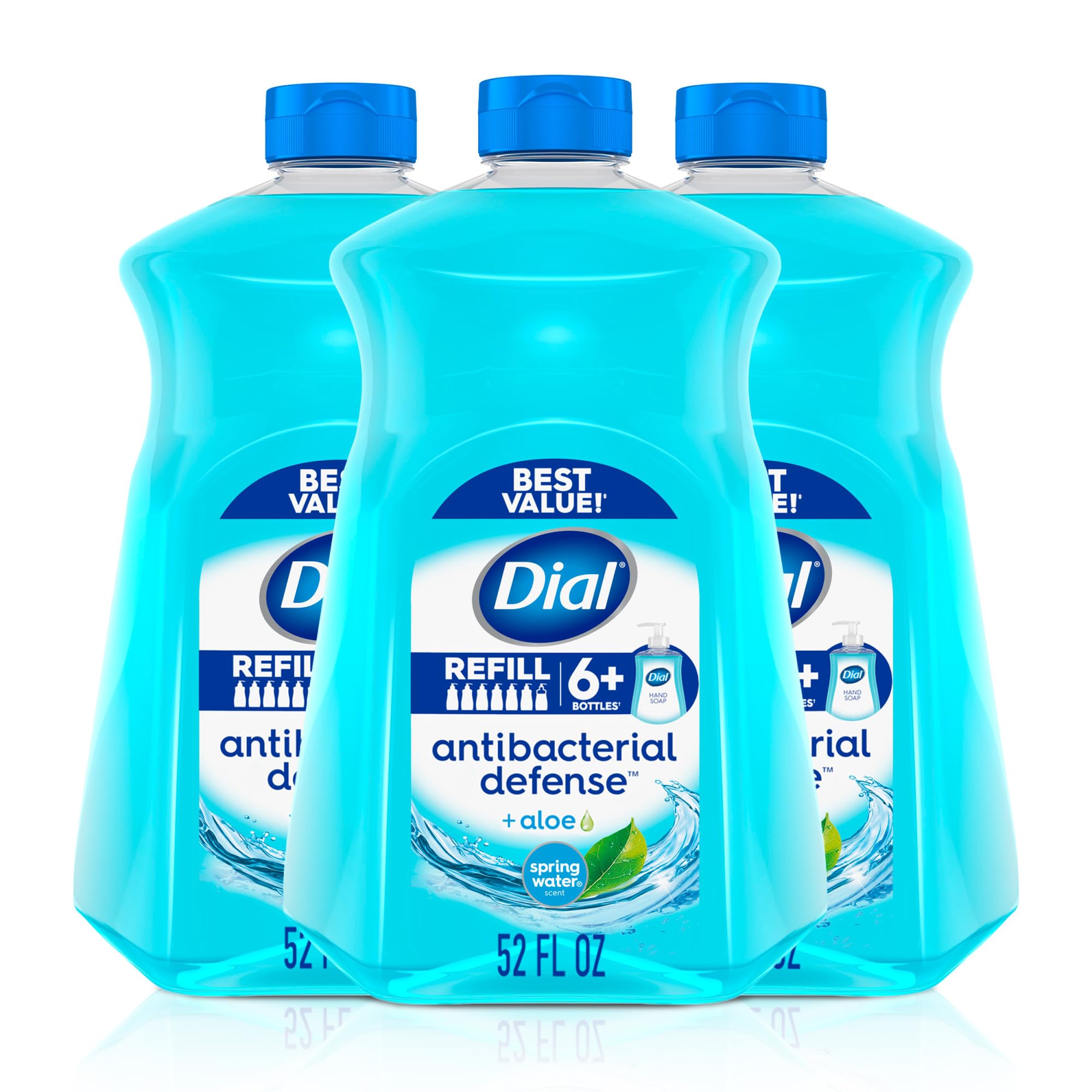 Dial Antibacterial Defense Liquid Hand Soap + Aloe, Spring Water Scent, 52 Fl Oz Hand Soap Refill (Pack of 3), Dermatologist-Tested, Gentle Formula