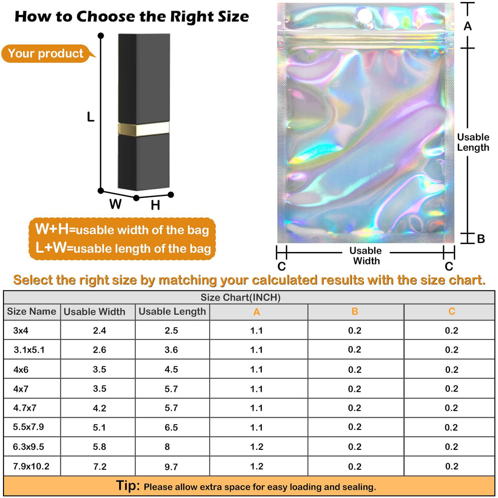 EgticLive 100 Pack Resealable Holographic Bags for Small Business, Iridescent Mylar Bags with Clear Front Smell Proof Foil Packing Pouches for Multipurpose Storage (6.3 X 9.5 inches)