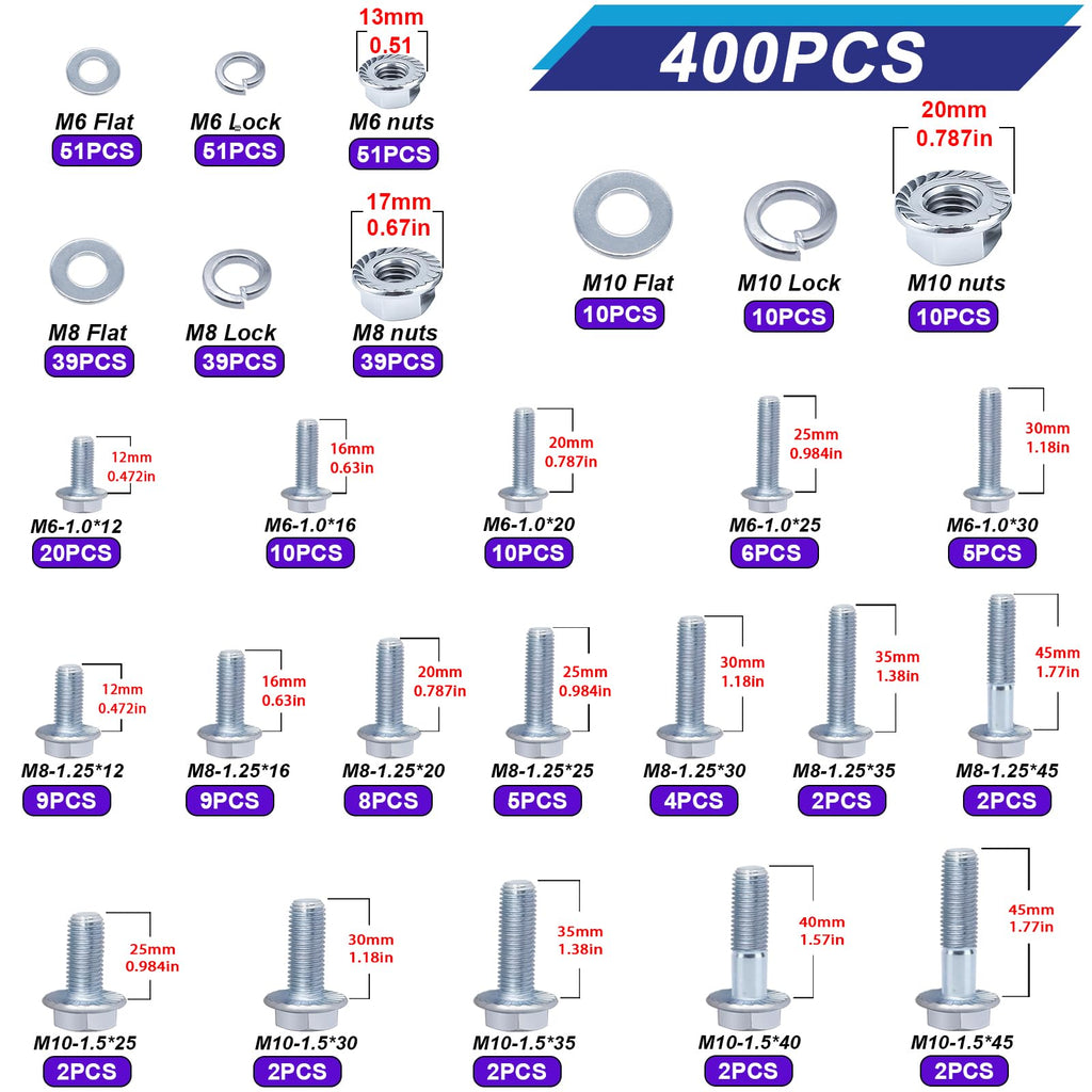 Taiss 400PCS Metric Flange Bolt Assortment kit,10.9 Grade M6x1.0/M8x1.25/M10x1.5 Bolt(12mm to 45mm) White zinc Plating Hex Metric Bolts and Nuts Washers,Nuts and Bolts Assortment kit (White)