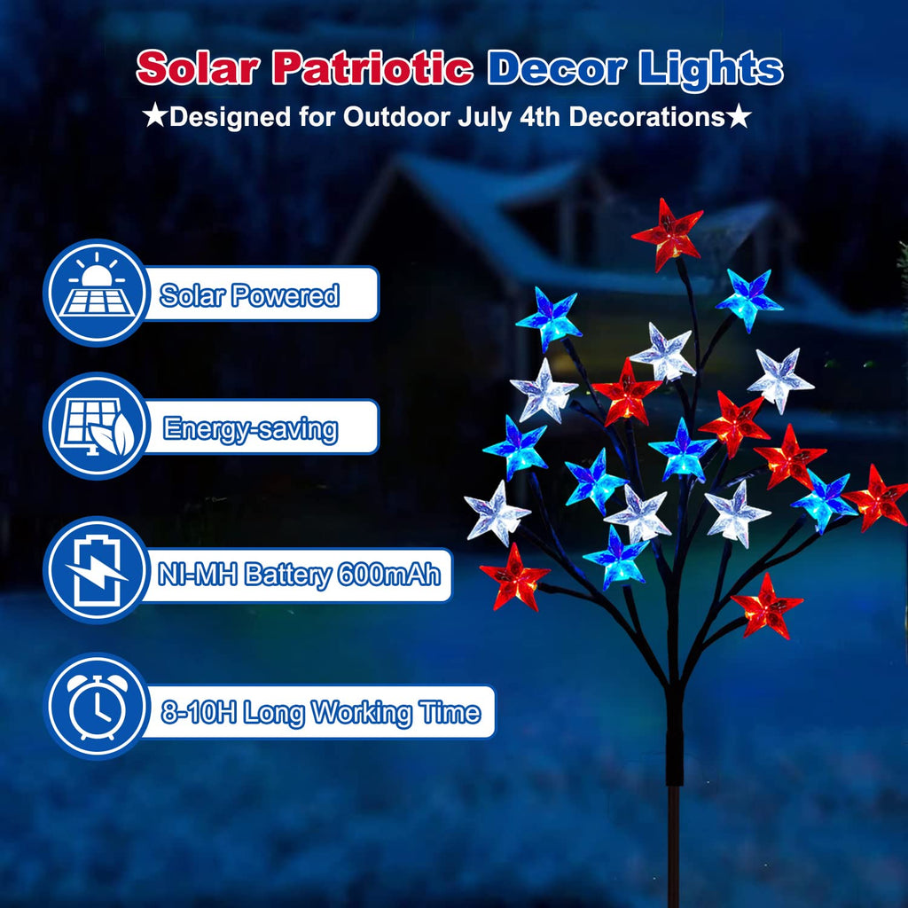 Solar 4th of July Decorations Outdoor Lights, 4-in-1 8 Modes Red White and Blue Star Stake Lights, Waterproof Solar Patriotic Decorations Outdoor for Fouth of July Memorial Day Yard Pathway Grave