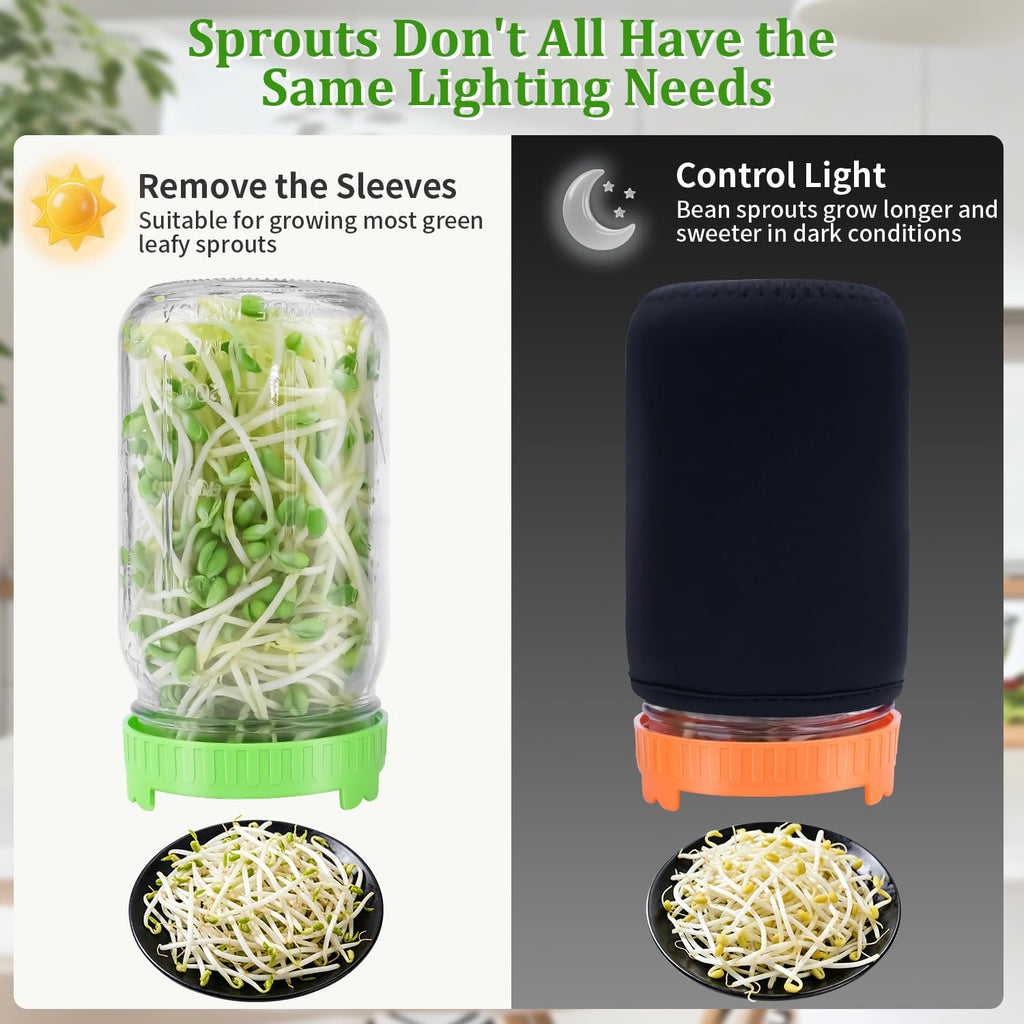 Seed Sprouting Jar Kit with Mung Beans 2.9oz, 2 Large Wide Mouth Mason Jars with Sprouting Lids, Blackout Sleeves, Drain Tray, Sprouts Growing Kit for Growing Bean, Alfalfa, Radish Sprout Seeds