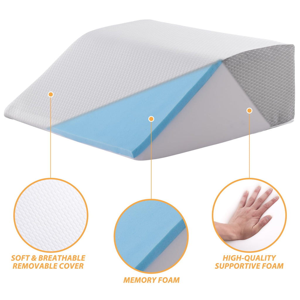 Bedluxe Leg Pillow Elevation Blood Circulation, Wedge Pillow for Legs Swelling, Leg Elevating Wedge Pillow for After Surgery, Foot Knee Pillow for Leg Rest, Sleeping, Memory Foam Top, 8in, White/Grey