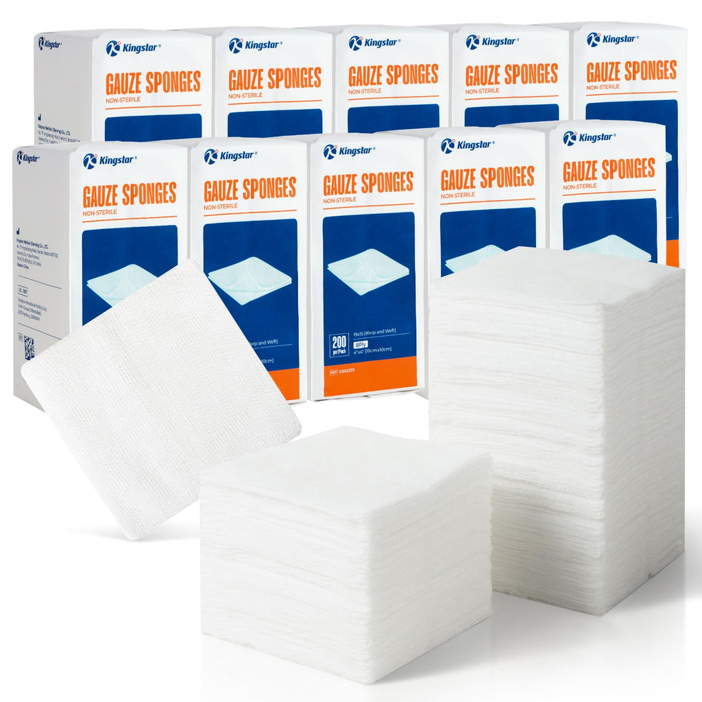 Kingstar 4x4 Inch Gauze Sponges 8-Ply, 2000 Count (10 Packs of 200)